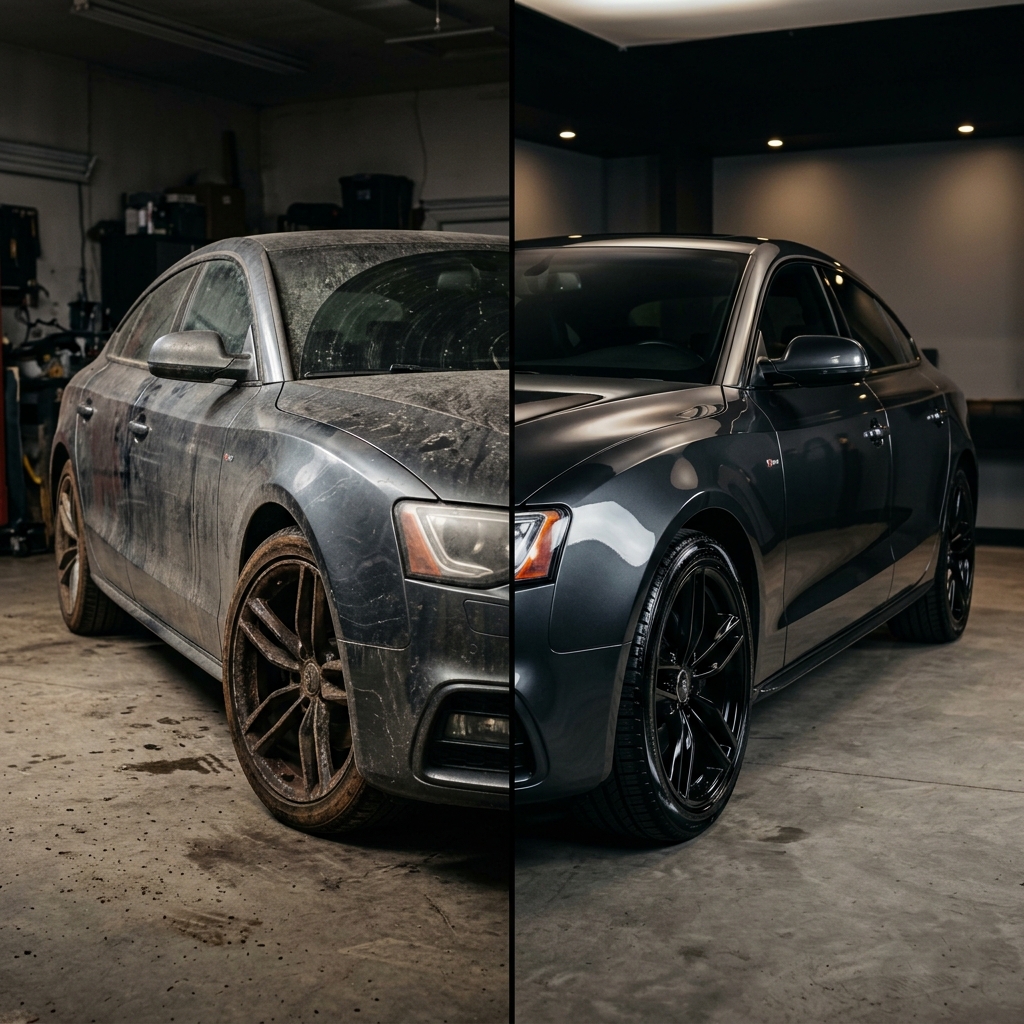 Exterior detailing before and after — dirty to showroom shine