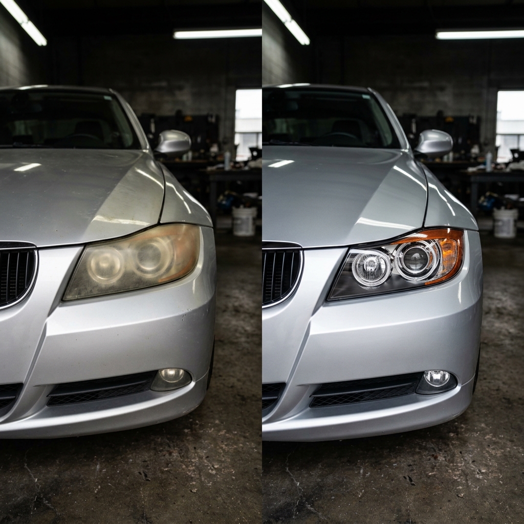 Headlight restoration before and after — foggy to crystal clear